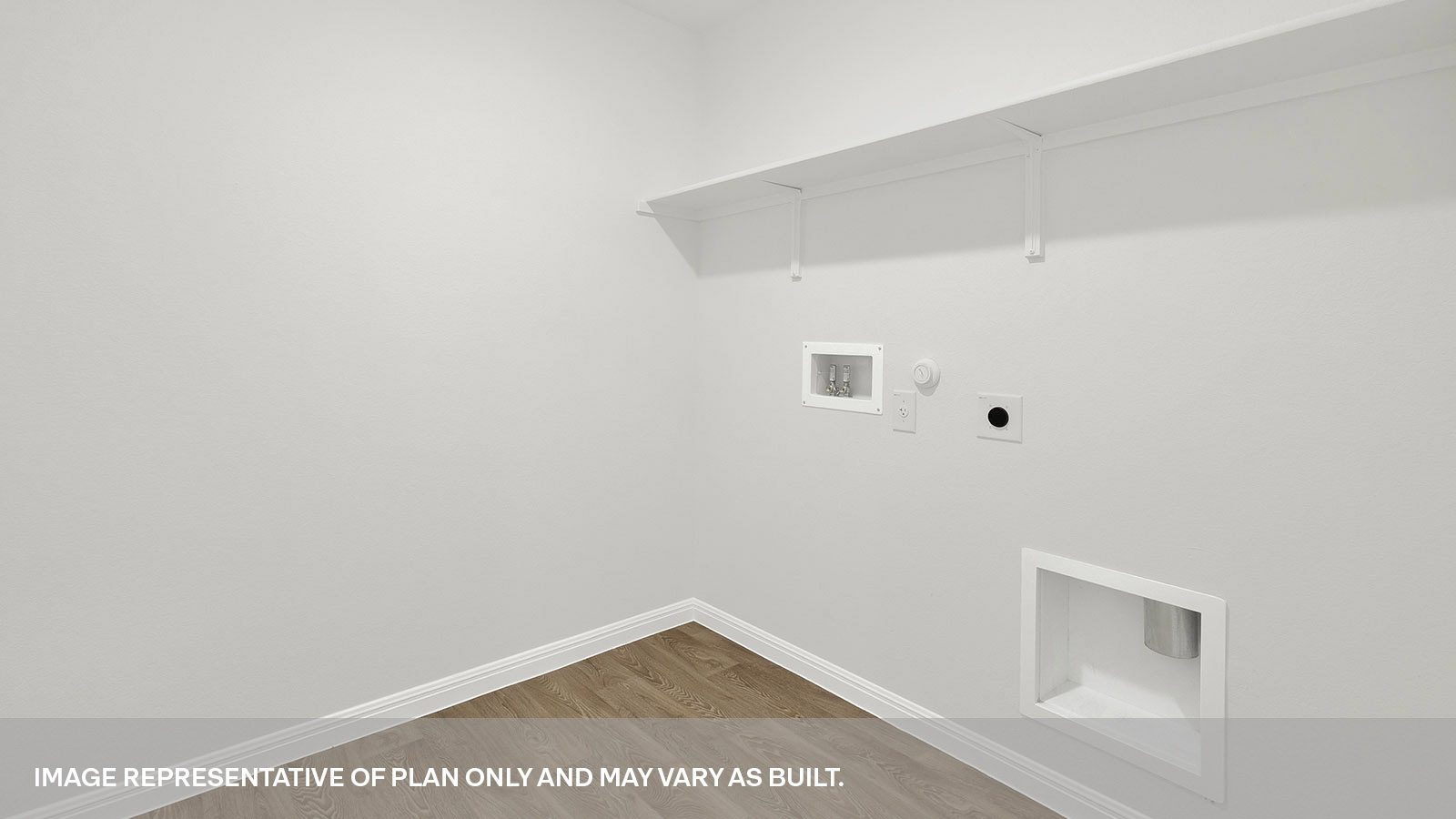 Laundry room with washer/dryer connections and wooden shelving.