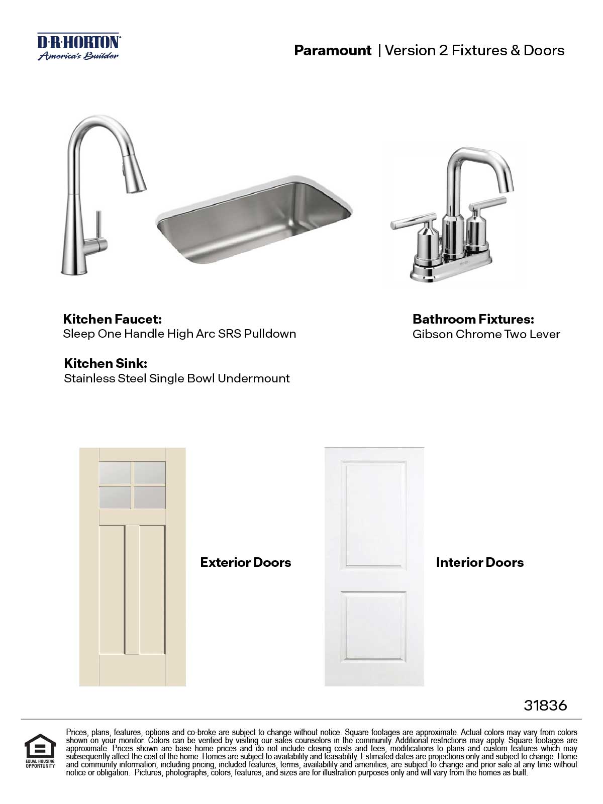 Paramount Version 1 Kitchen fixture with vegetable sprayer, undermount sink and bathroom fixture two lever and Front and Interior Doors