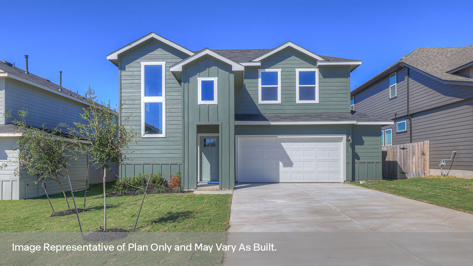 Two-story farmhouse exteriors with 2 car garage.