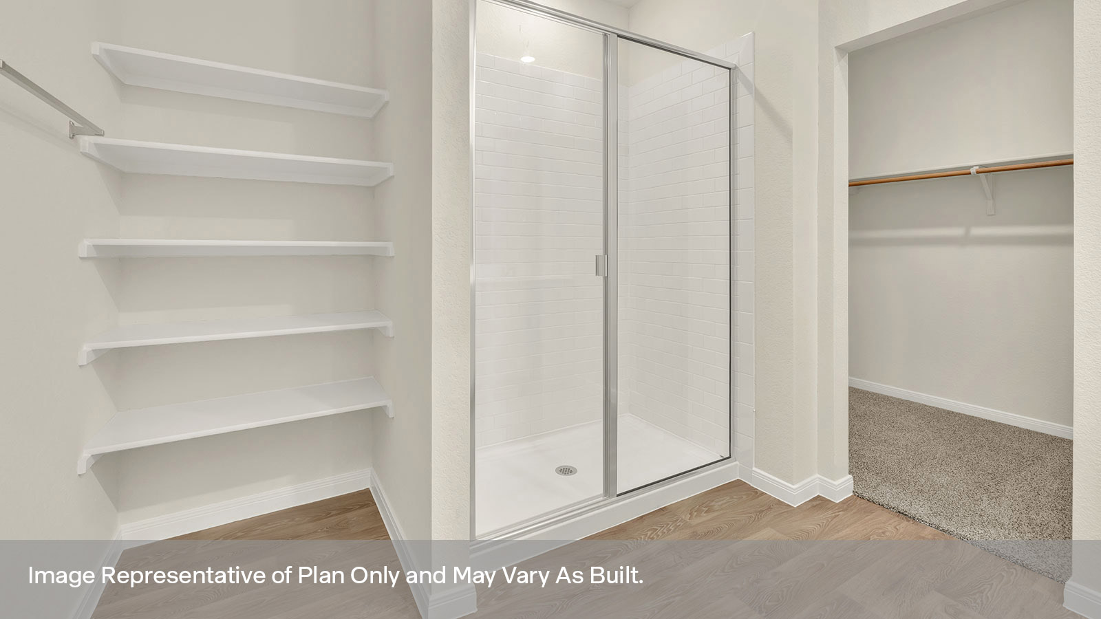 Main bathroom with double sink vanity and stand in shower.