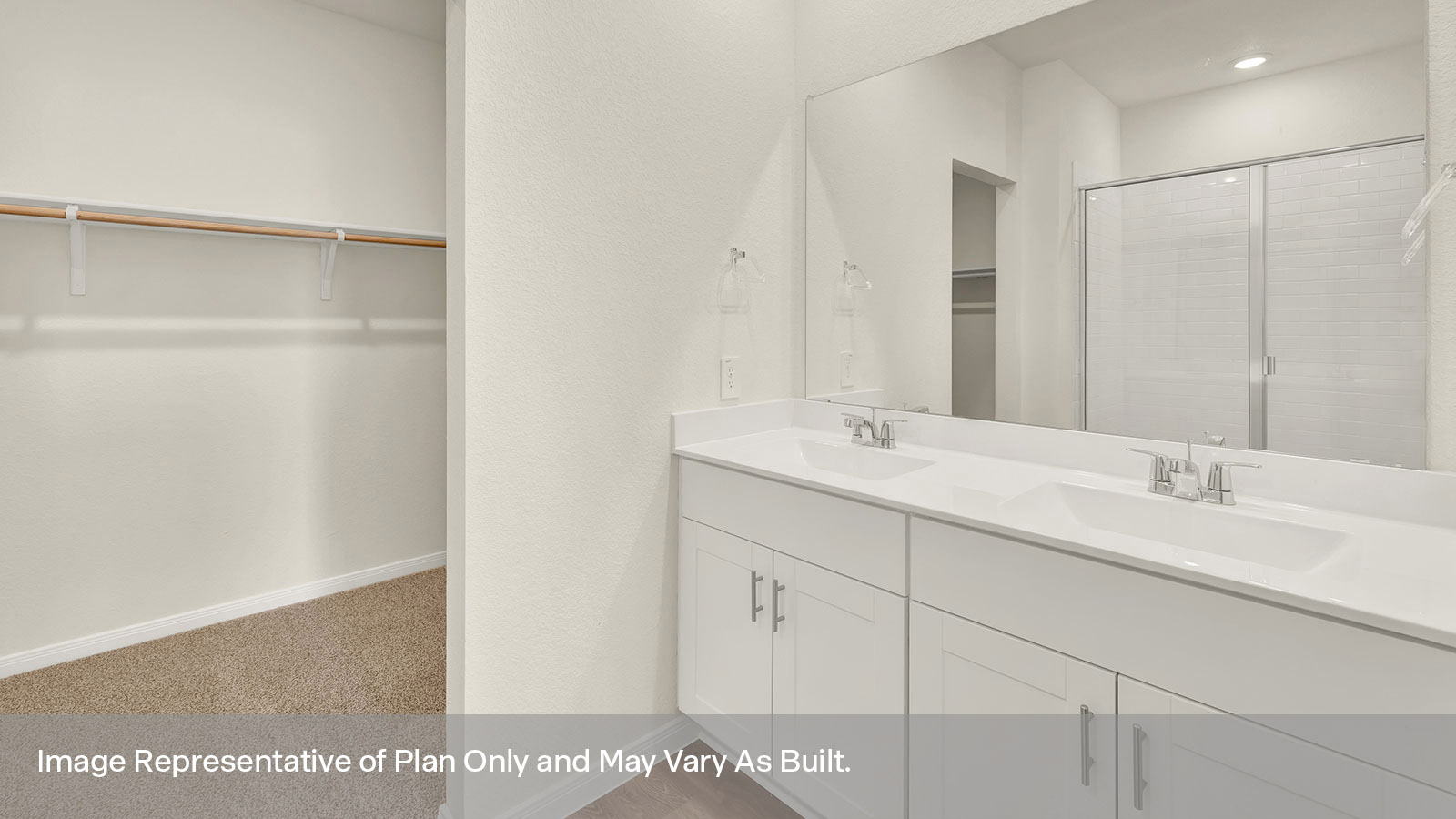 Main bathroom with vanity and wooden shelving.