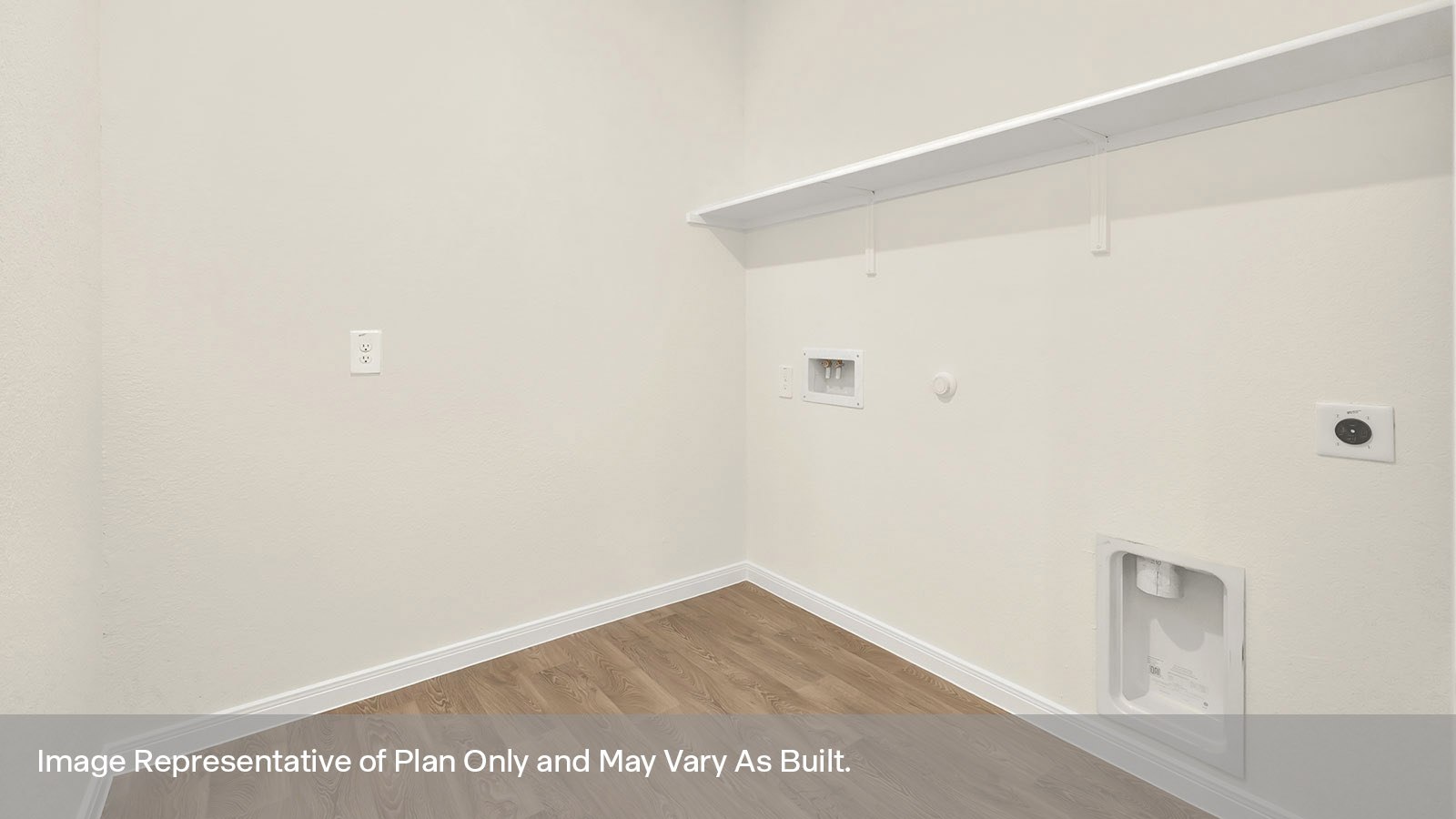 Laundry room with washer/dryer connections and wooden shelving.