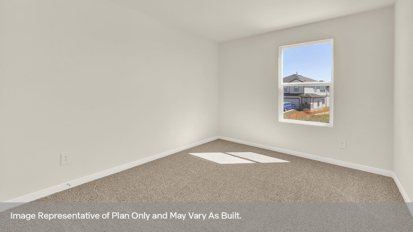 Bedroom with carpeting and one window.