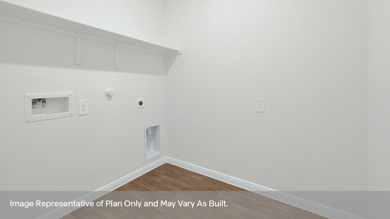 Laundry room with washer/dryer connections and wooden shelving.