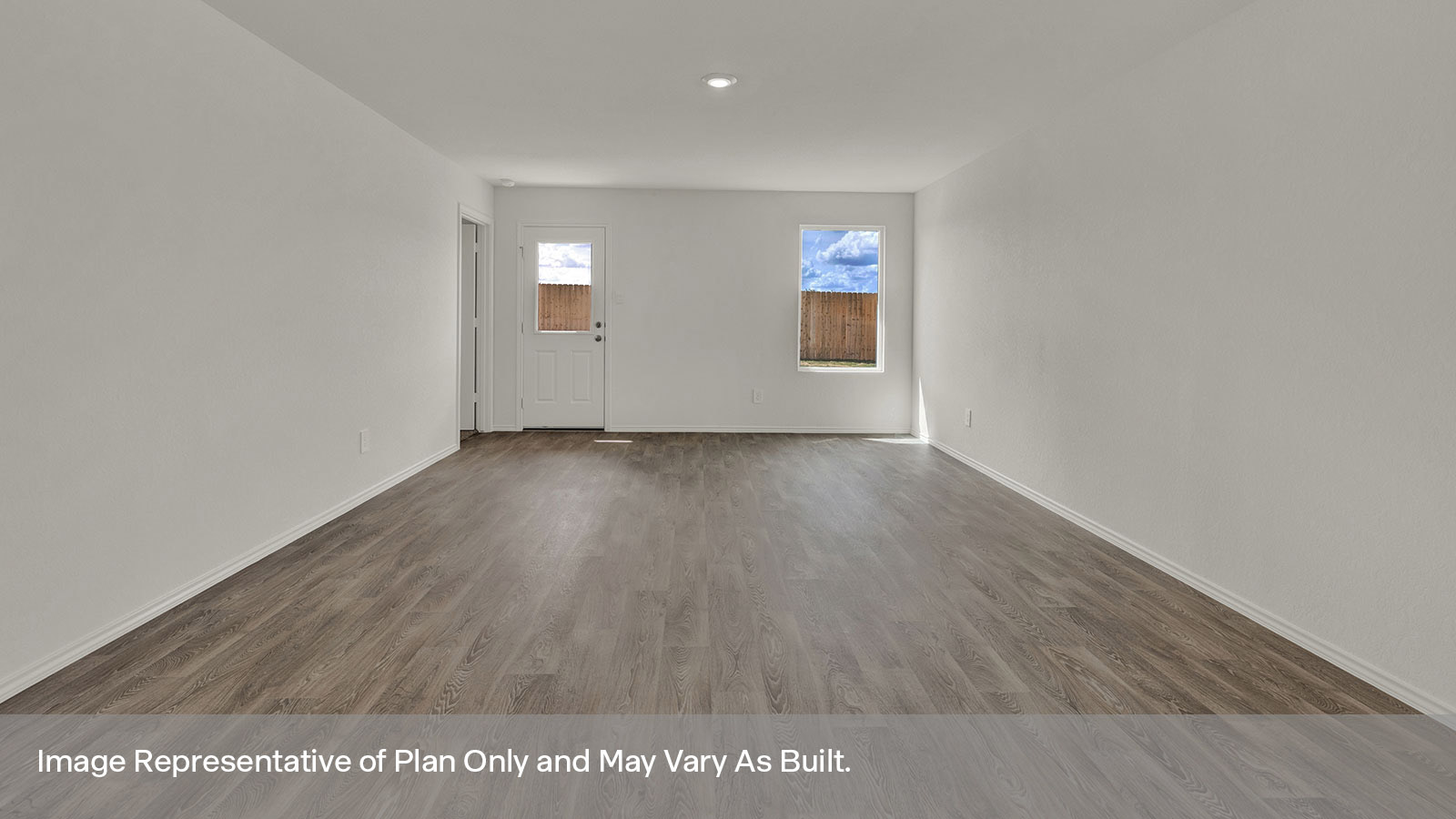 Living room with two windows and door to the back yard