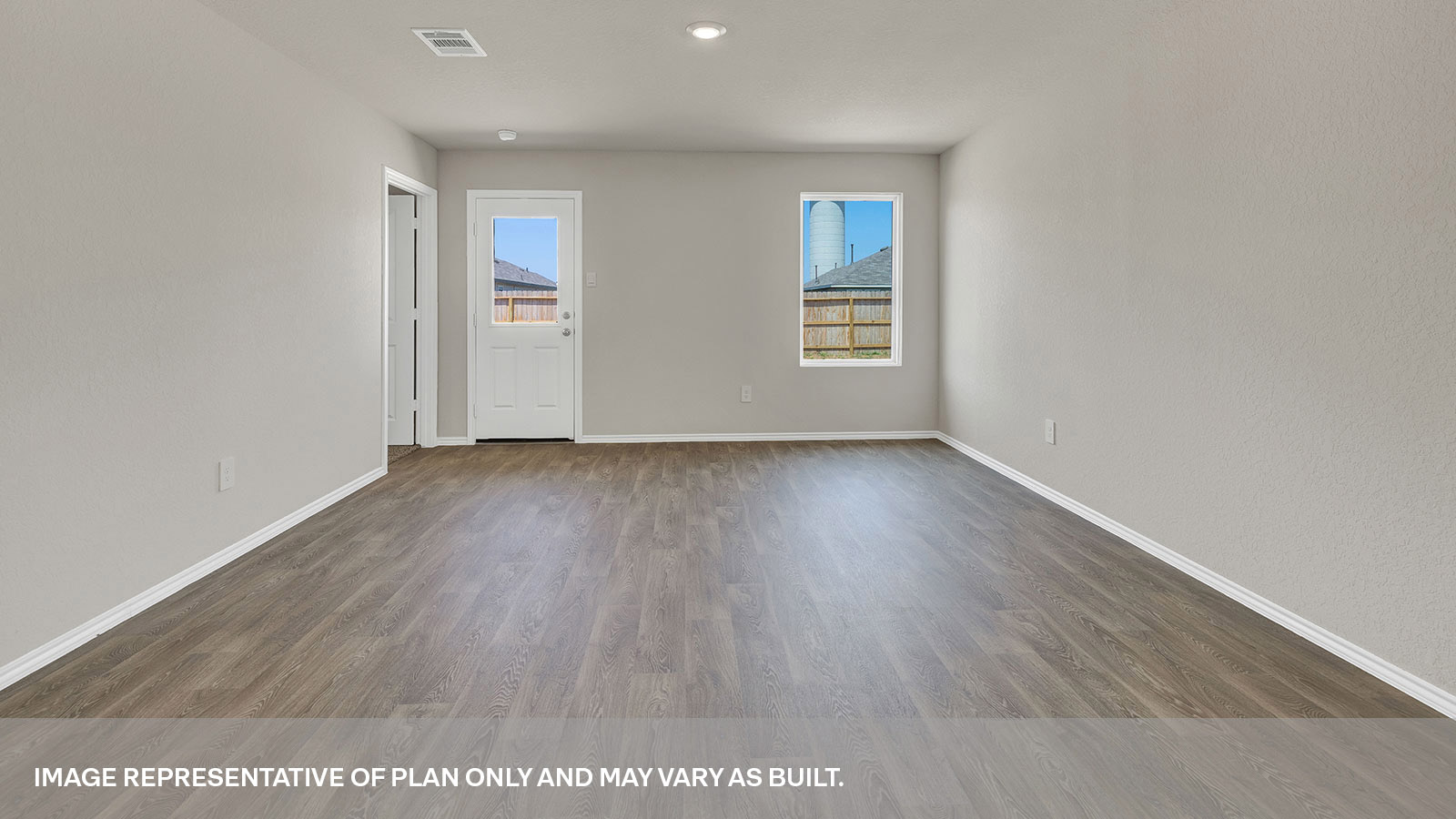 Living room with vinyl flooring, one window, and  half lite exterior door.