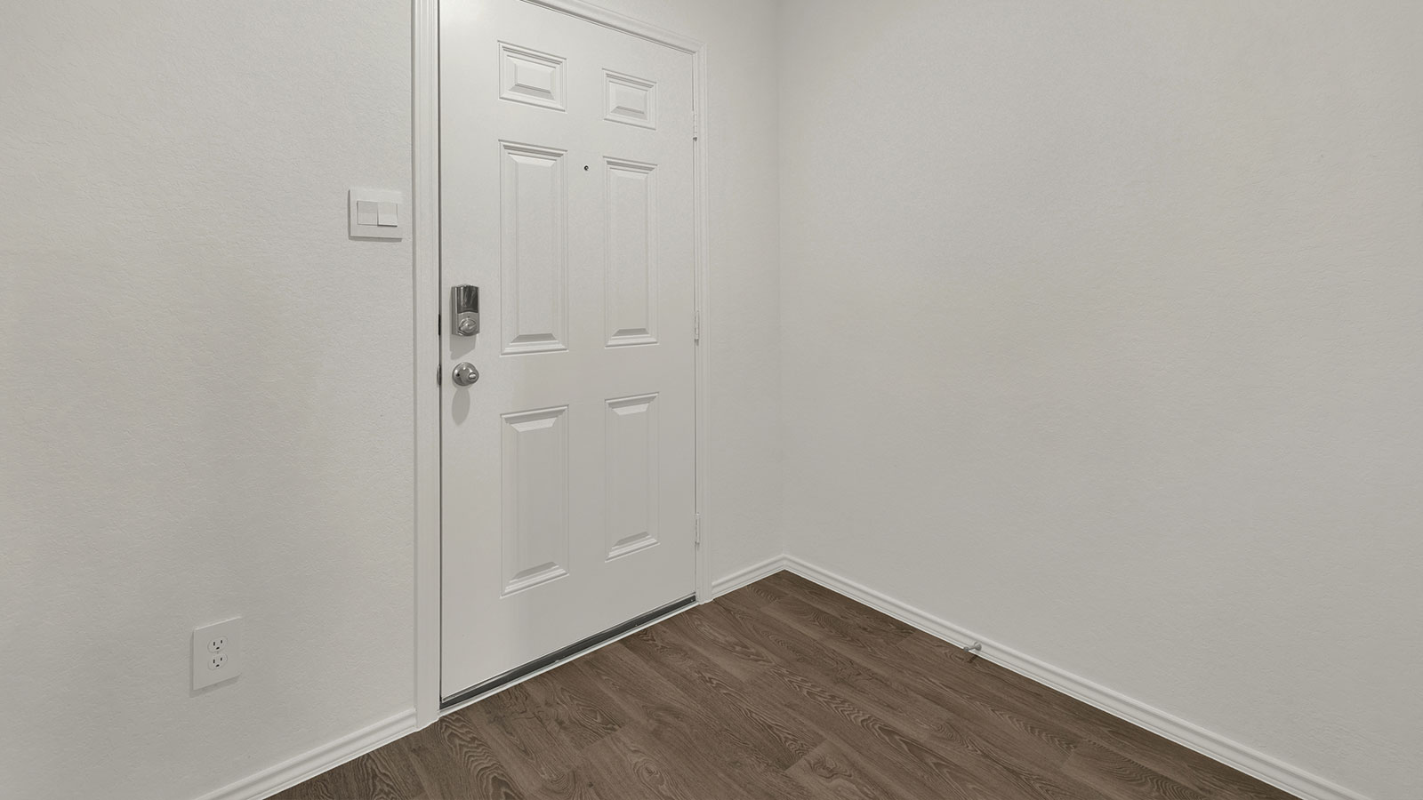 Entryway with vinyl flooring and front door.