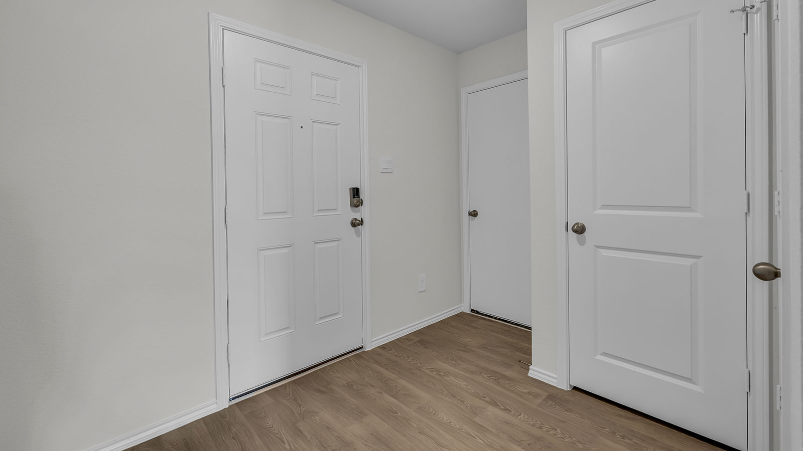 Entryway with vinyl flooring and front door.