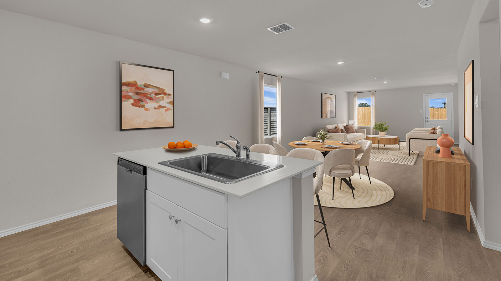 Virtually staged dining room from the kitchen island.