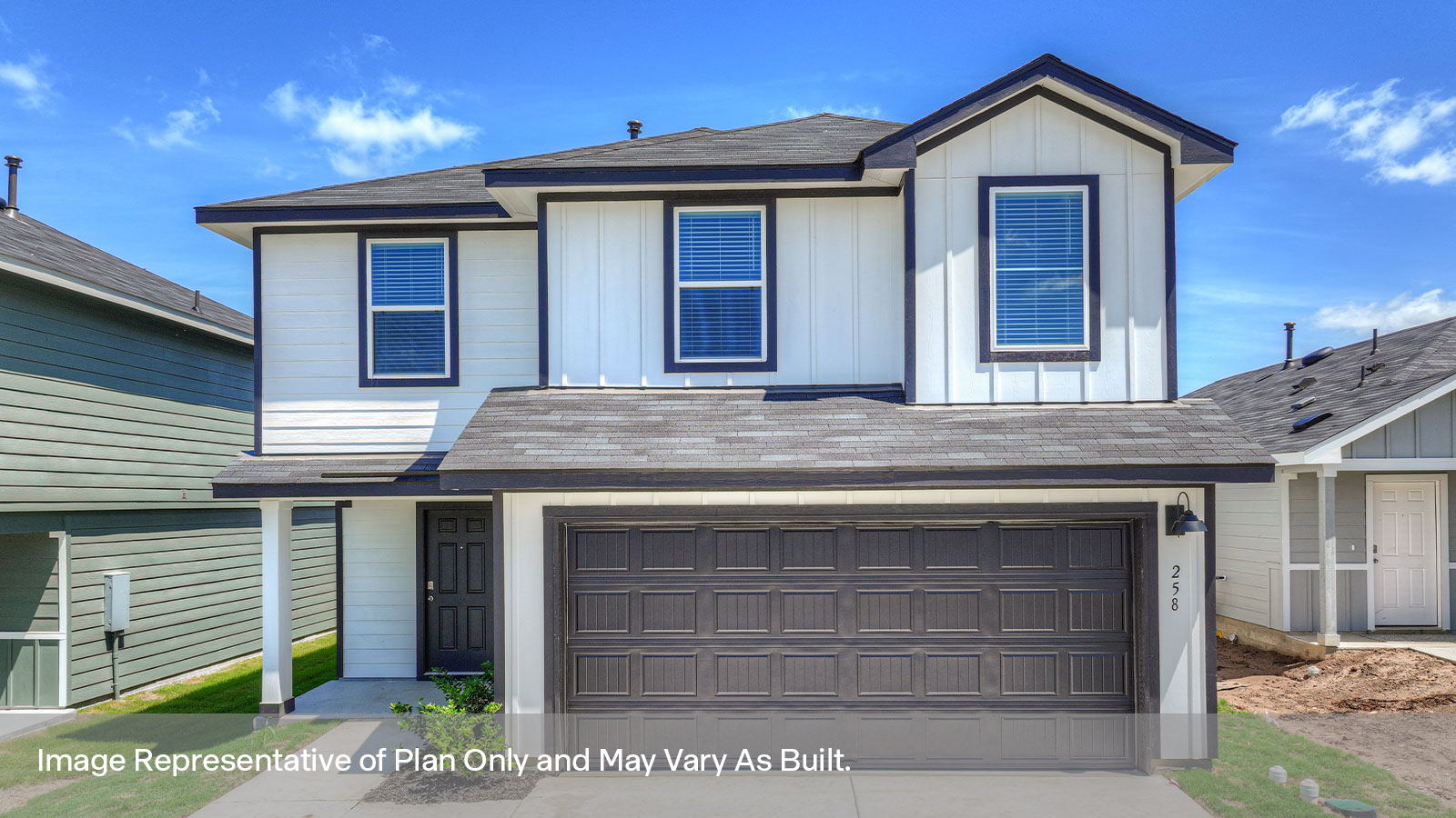 Franklin floorplan with farmhouse exteriors and a 2 car garage.