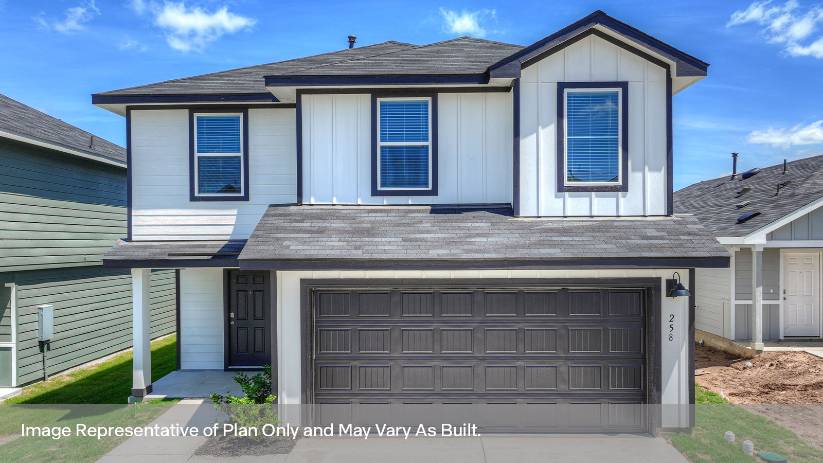 Franklin floorplan with farmhouse exteriors and a 2 car garage.