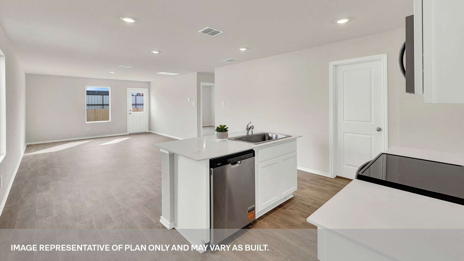 Kitchen island overlooking the dining room and living room.