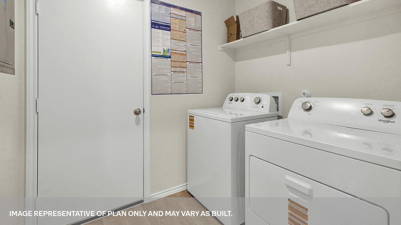 Laundry room with washer/dryer connections and wooden shelving.