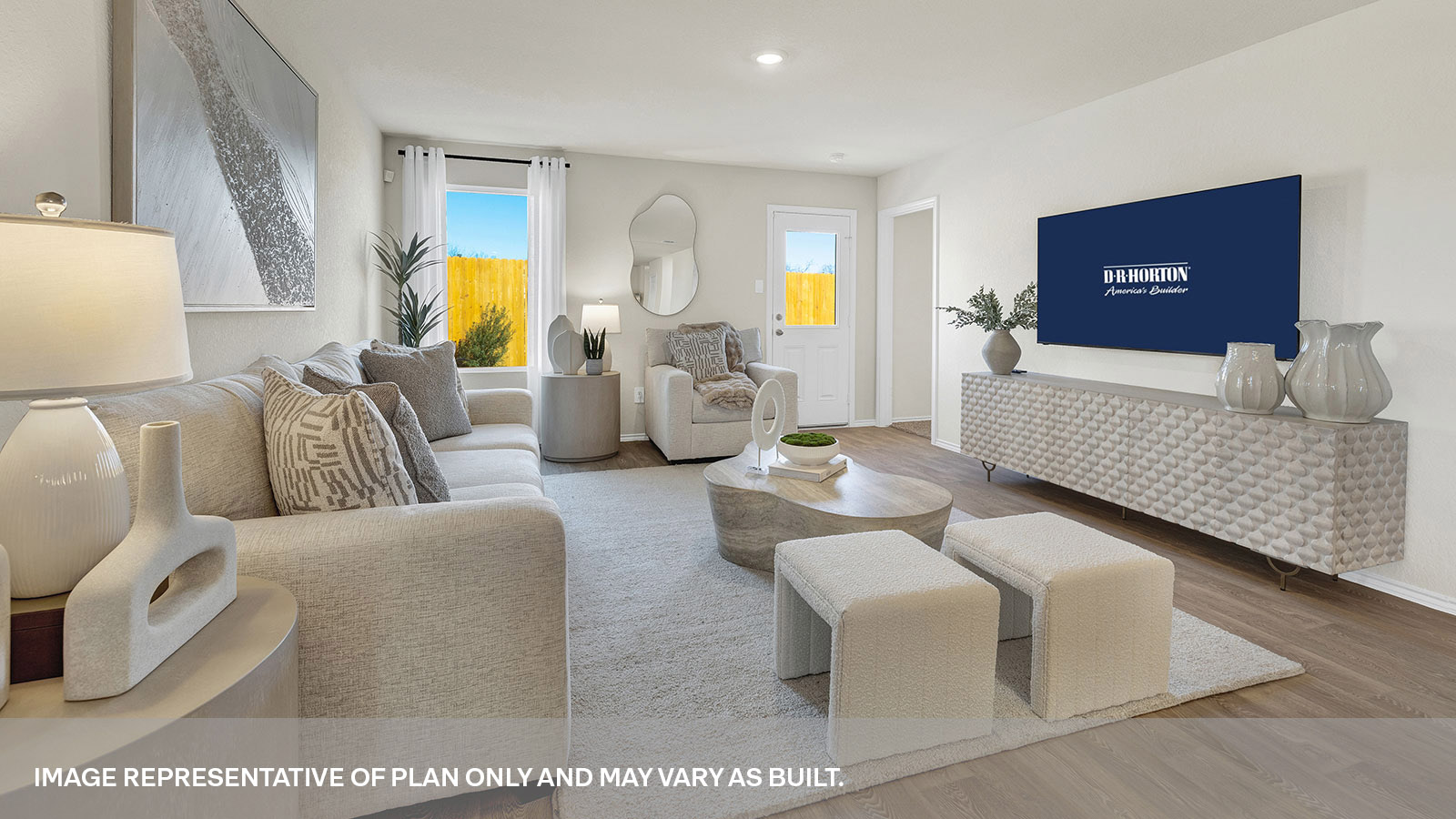 Living room with vinyl flooring and one window.