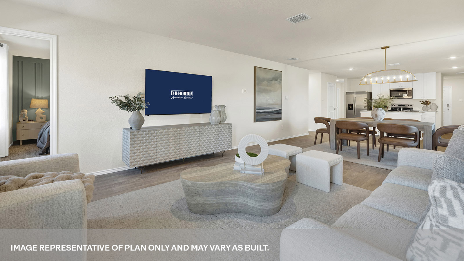 Living room opening to the dining room and kitchen.