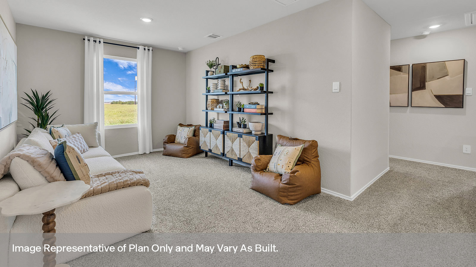 Gameroom with carpeting and bedroom hallway.