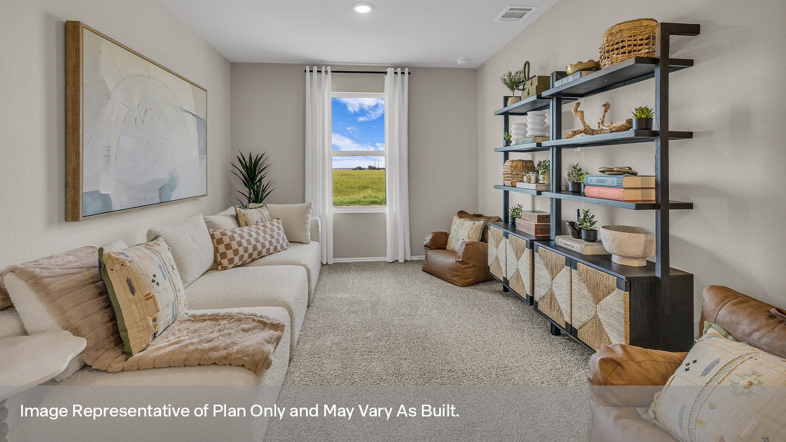 Gameroom with carpeting and one window.