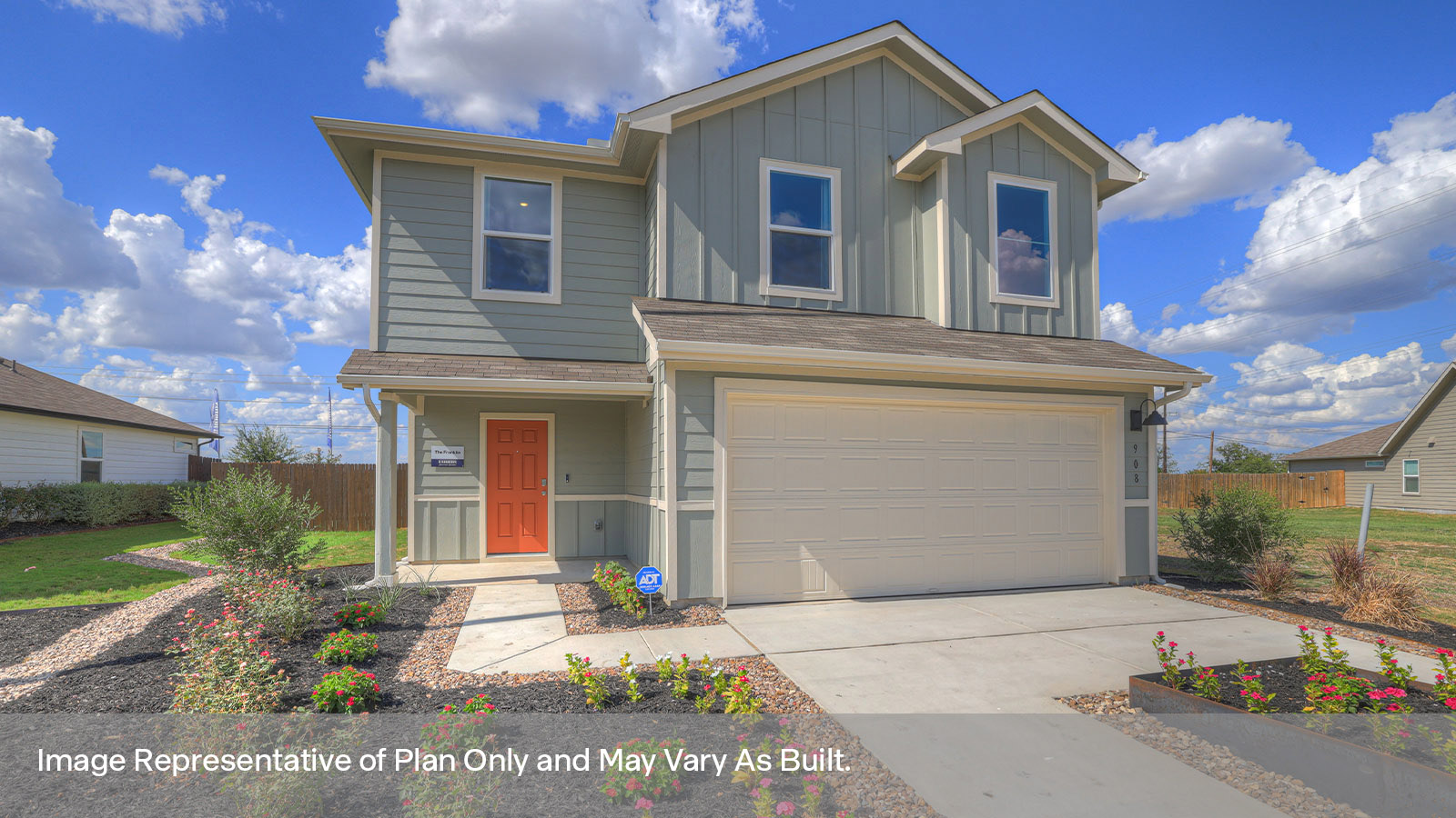 Franklin floorplan with farmhouse exteriors and a 2 car garage.