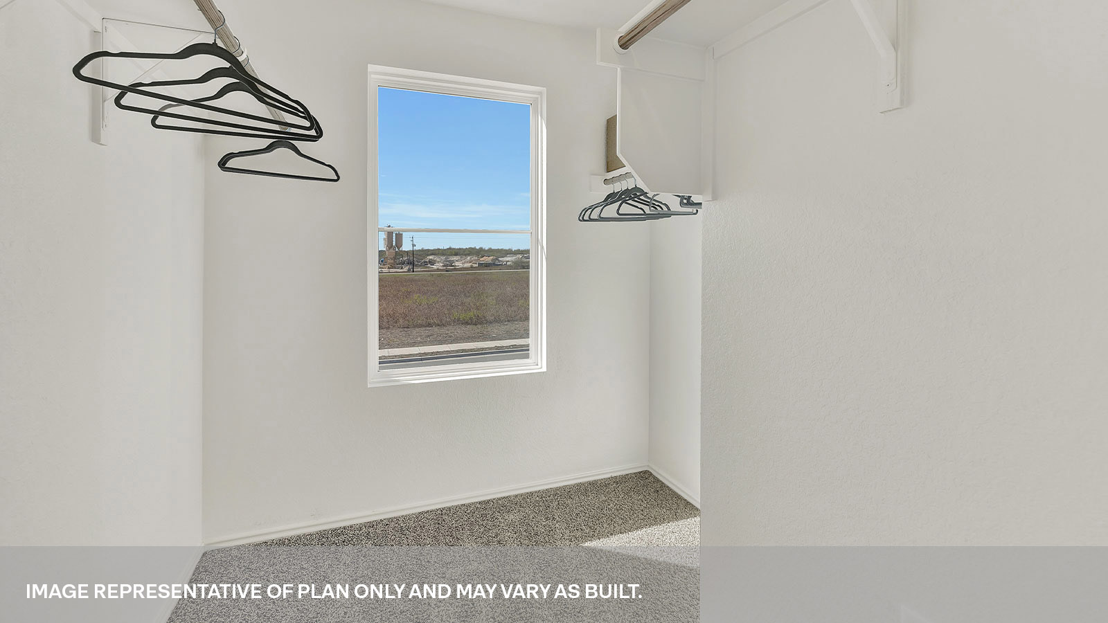 Main bedroom closet with carpeting and wooden shelving.