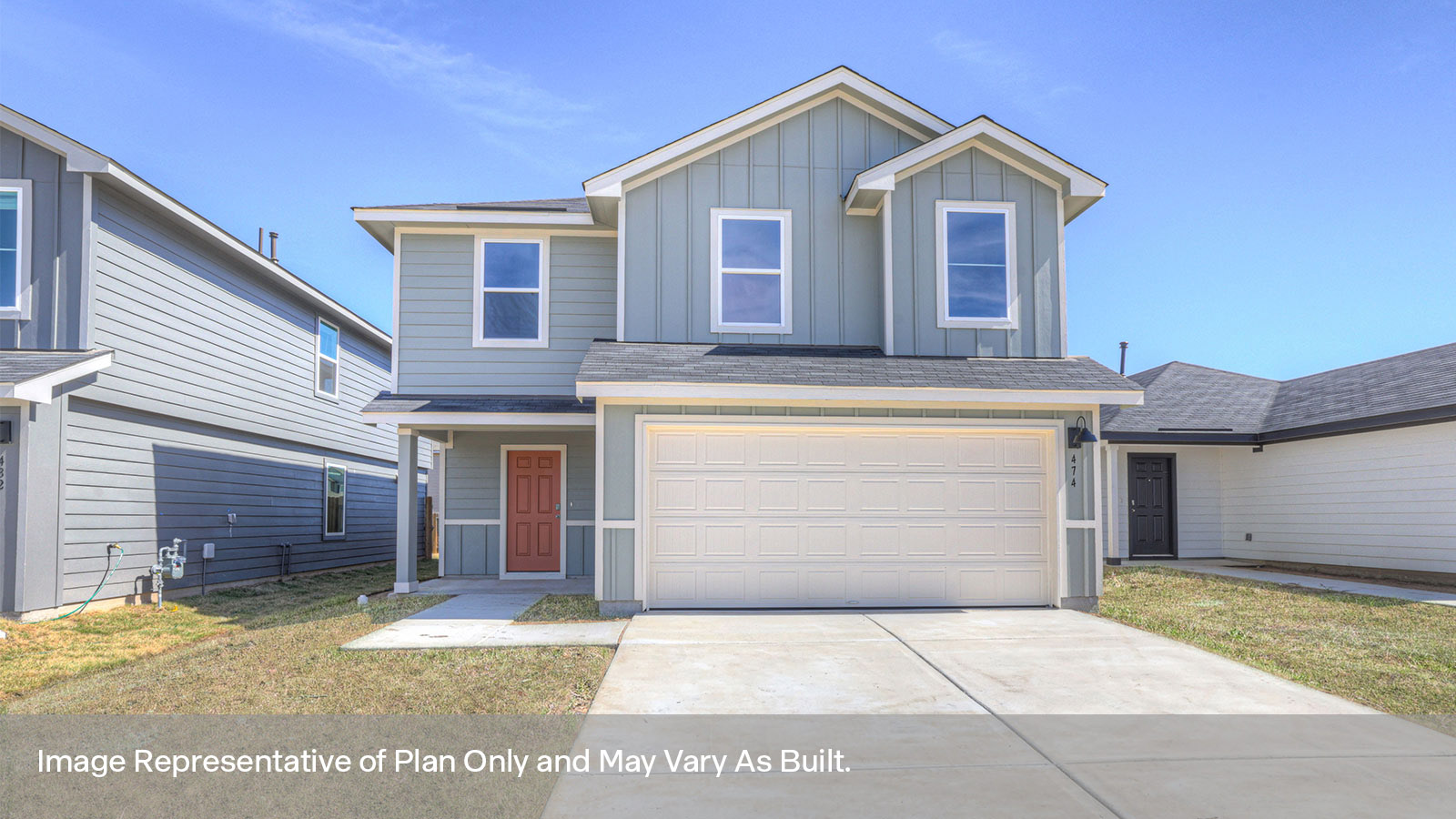 Franklin floorplan with farmhouse exteriors and a 2 car garage.