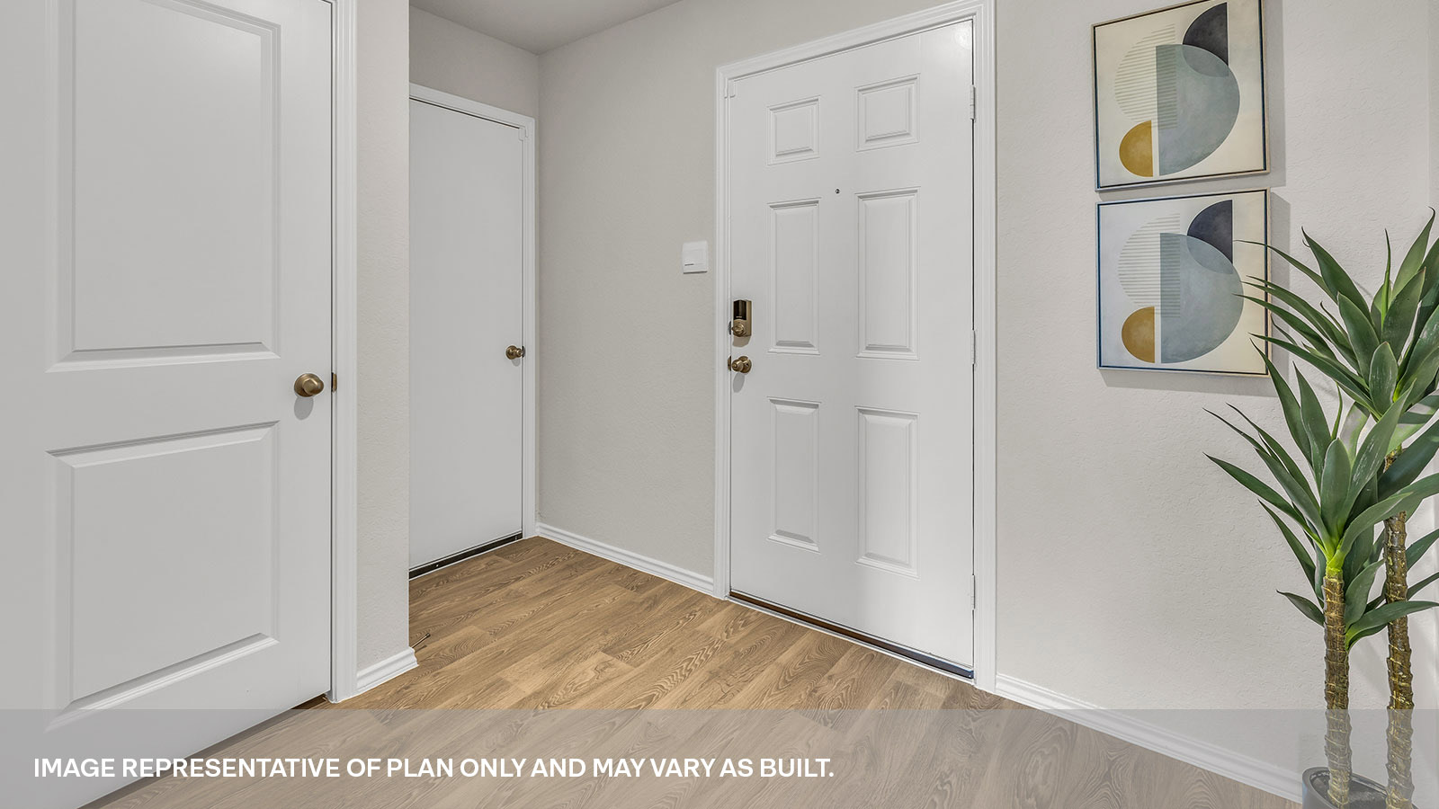 Entry hallway with vinyl flooring and front door.