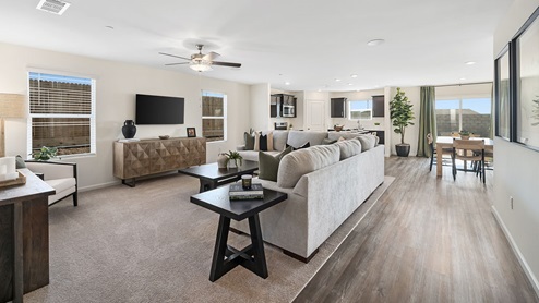 Interior photo of open concept living room with whit furniture and green accents