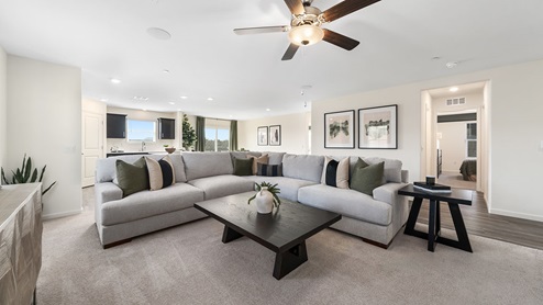 Interior photo of open concept living room with whit furniture and green accents