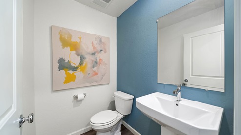 Interior photo of guest bathroom with a toilet, mirror, sink, and art on the wall