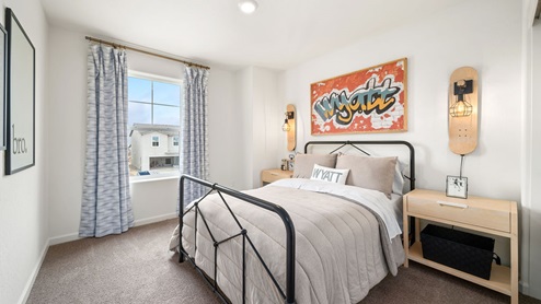 interior photo of a kid's bedroom with skateboard inspired decor