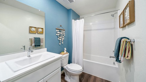 Interior photo of a guest bathroom with sink, toilet, shower, and towel racks
