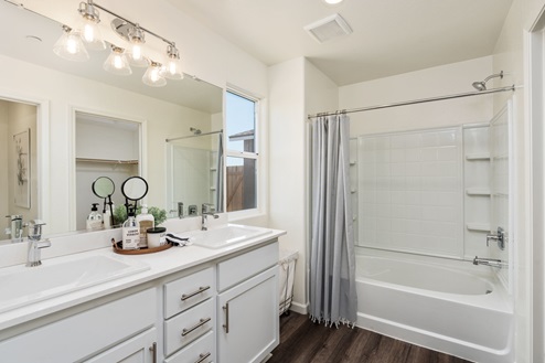 Bathroom with dual sink vanity and tub shower