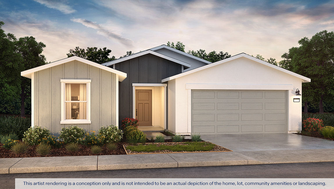 Exterior rendering of a one story Farmhouse style home.