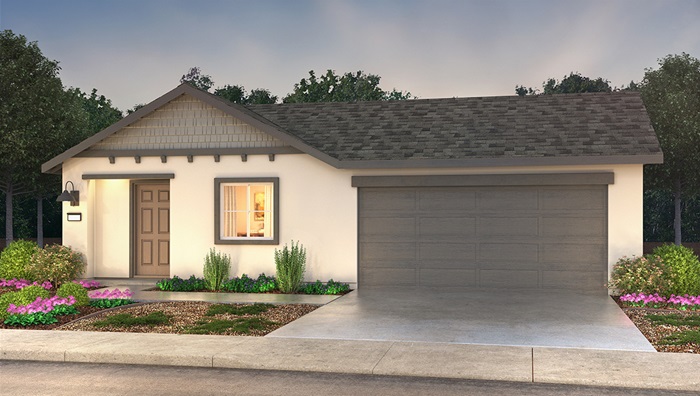 Exterior rendering of one-story Americana style home with a two-car garage.