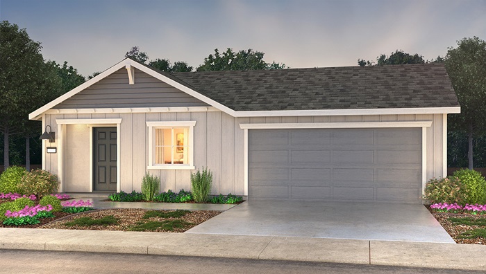 Exterior rendering of one-story Craftsman style home with a two-car garage.