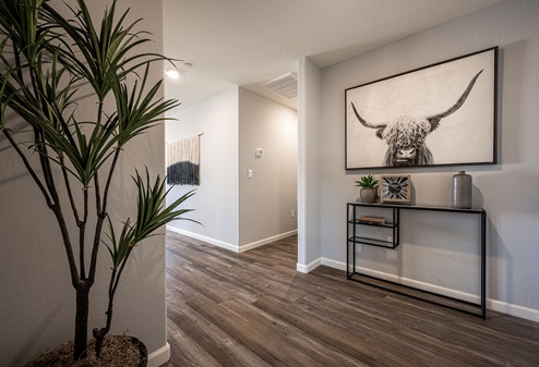 Interior photo of entryway to home with coffee table and art on wall