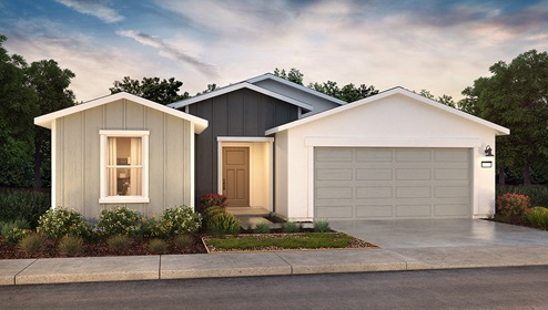 Exterior rendering of one-story Farmhouse style home with a two-car garage.