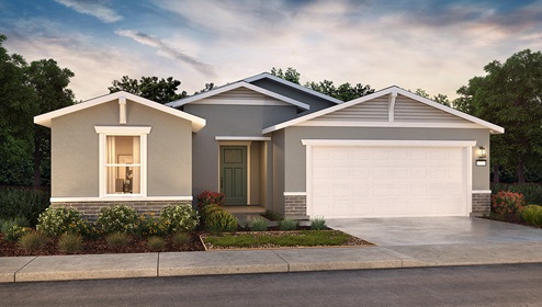 Exterior rendering of one-story Craftsman style home with a two-car garage.