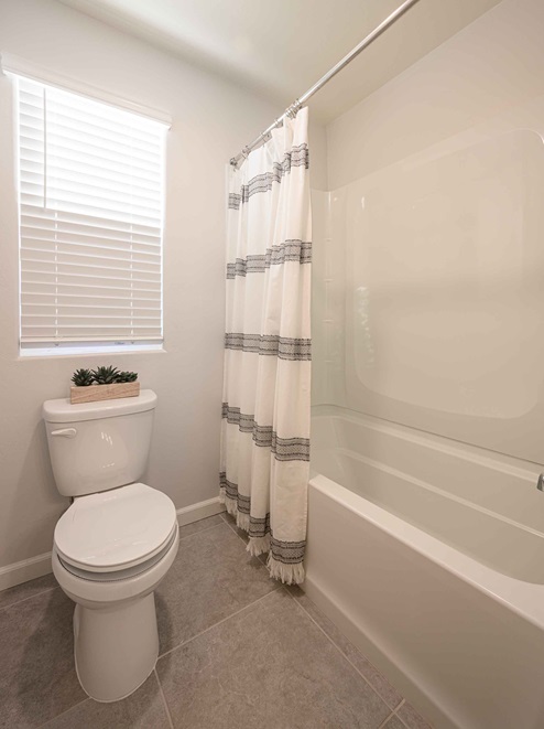 Interior photo of guest bathroom with shower, toilet, and window.