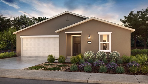 Exterior rendering of one-story Americana style home with a two-car garage.