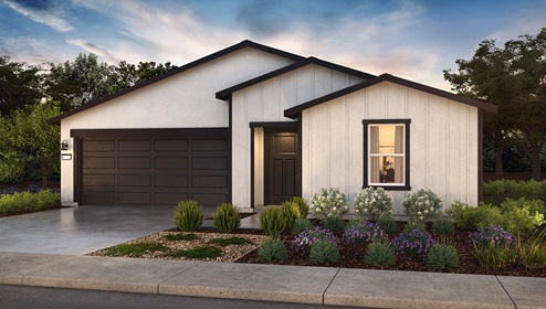 Exterior rendering of one-story Farmhouse style home with a two-car garage.