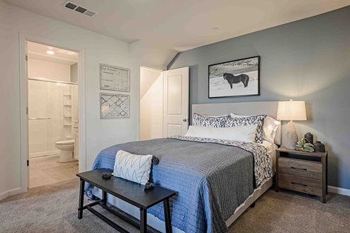 Interior photo of MultiGen bedroom with bed and end table