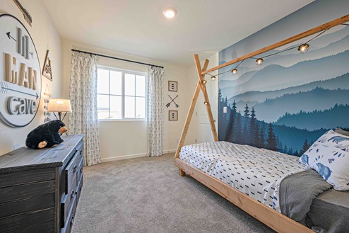 Interior photo of kid's bedroom with bed, dresser, and large window.