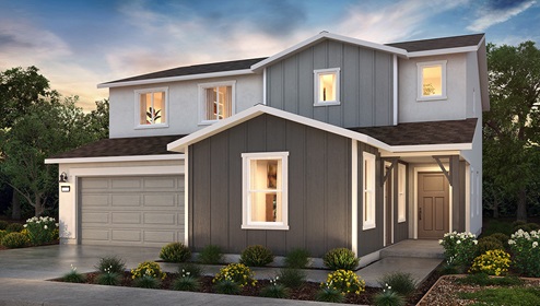 Exterior rendering of two-story Farmhouse style home with a two-car garage.