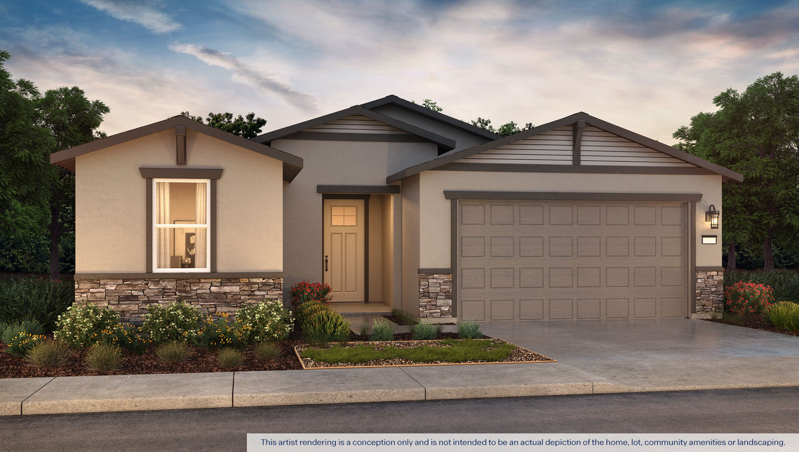 Exterior rendering of one story Craftsman style home