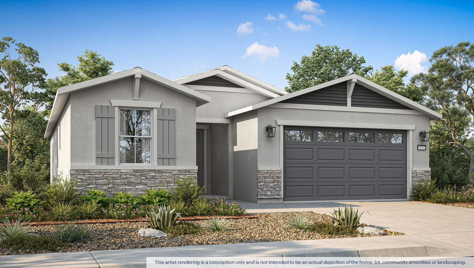 Exterior rendering of a one story Craftsman style home.