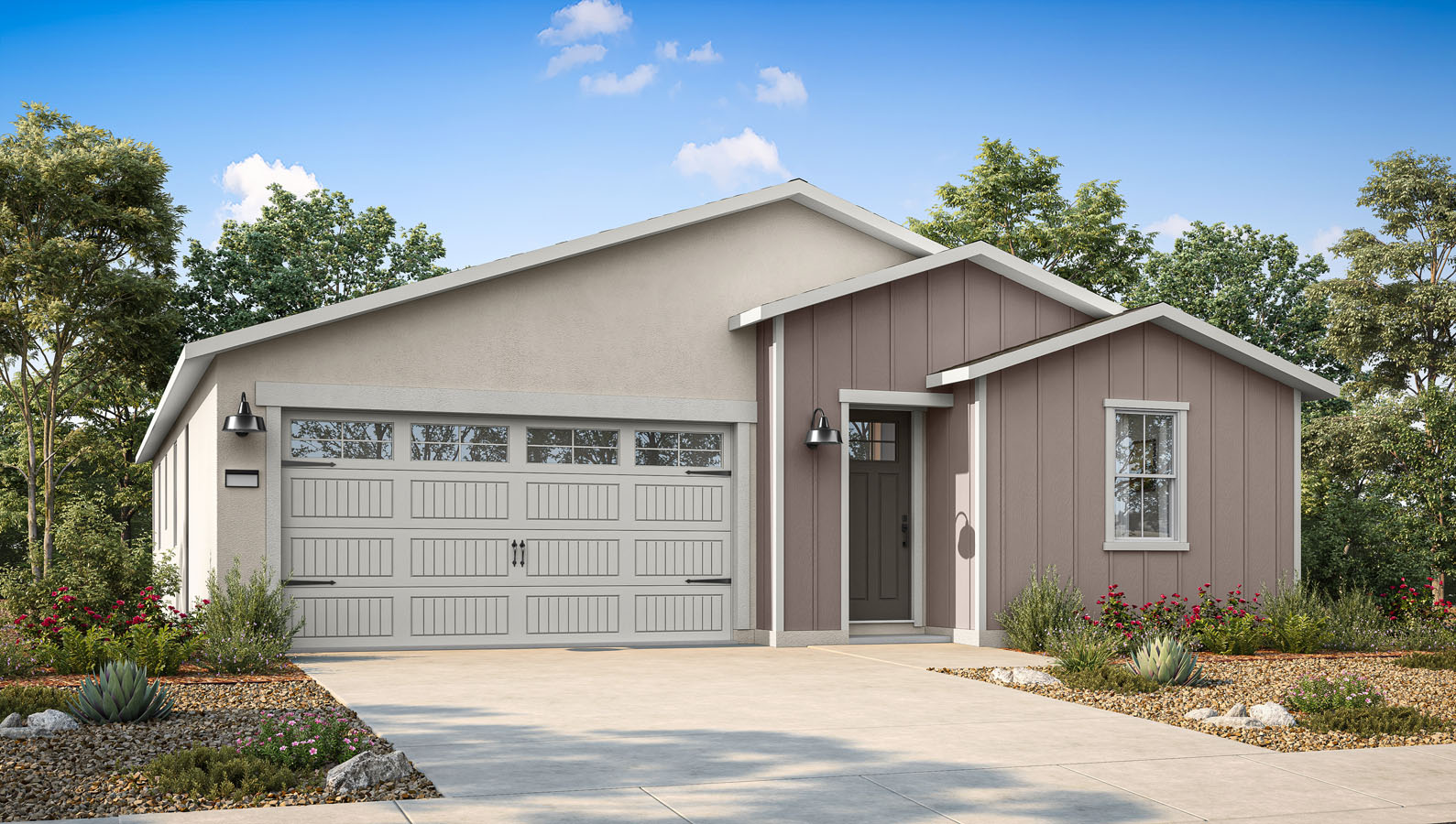 Exterior rendering of a one story Farmhouse style home.