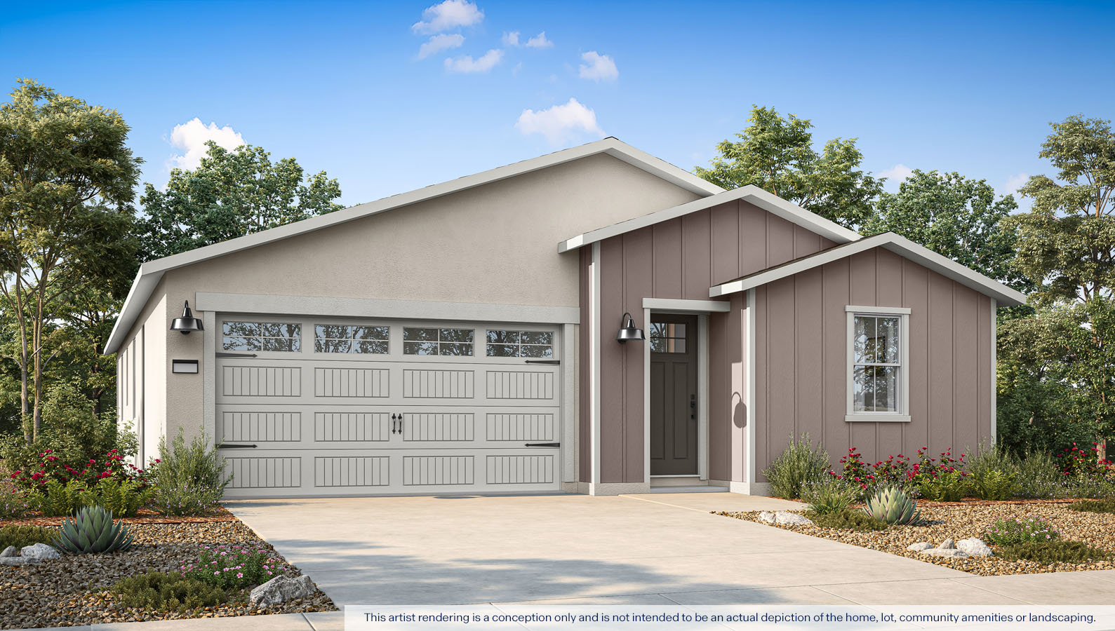 Exterior rendering of a one story Farmhouse style home.