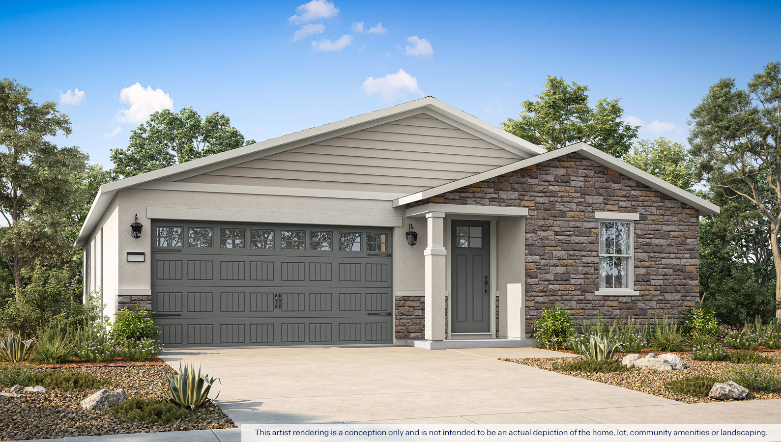 Exterior rendering of a one story Cottage style home.