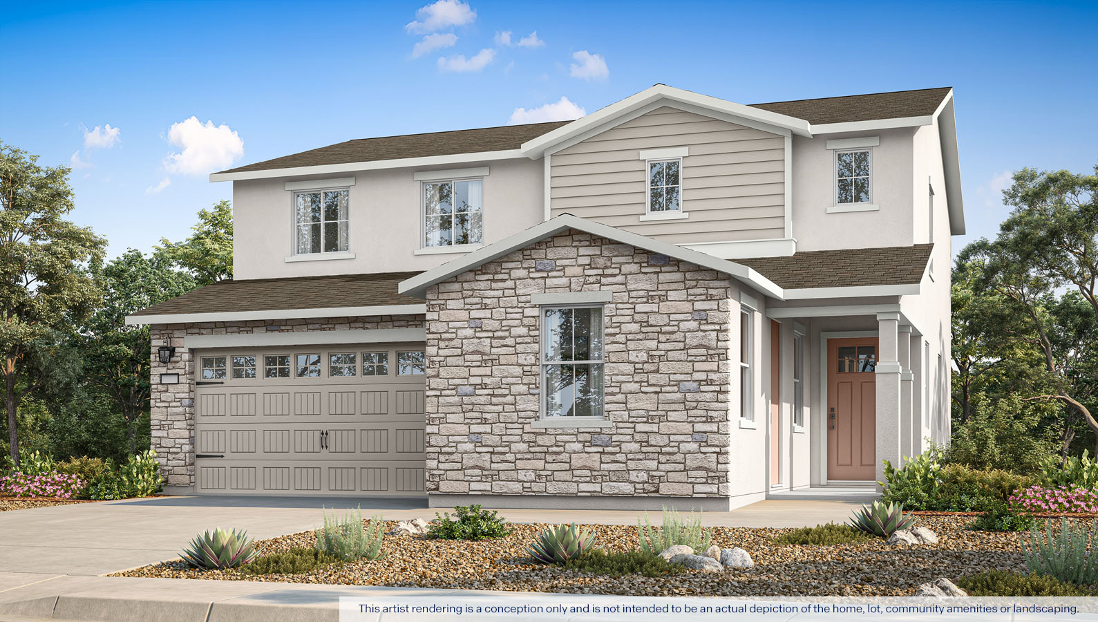 Exterior rendering of a two story Cottage style home.