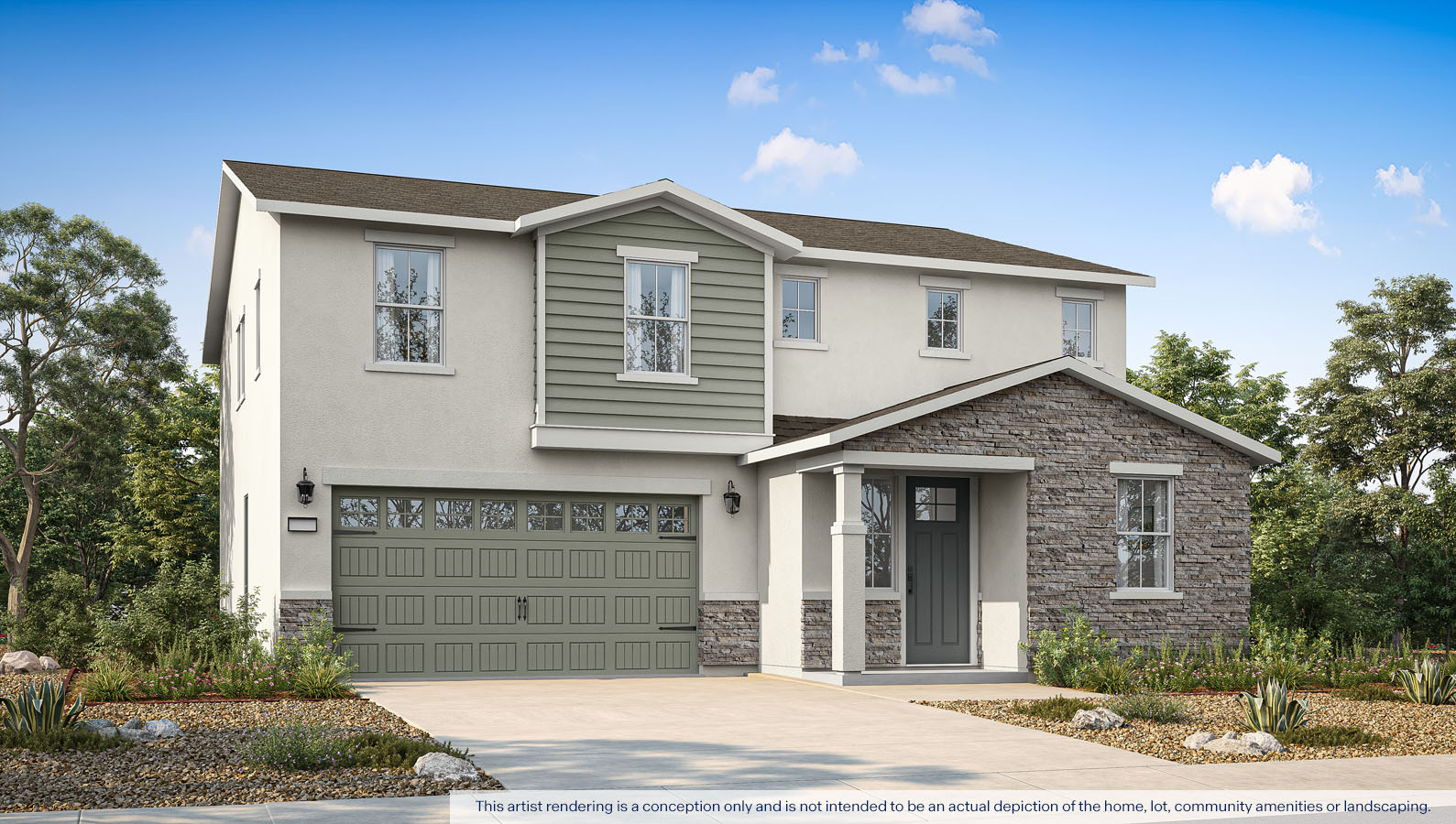 Exterior rendering of a two story Cottage style home.